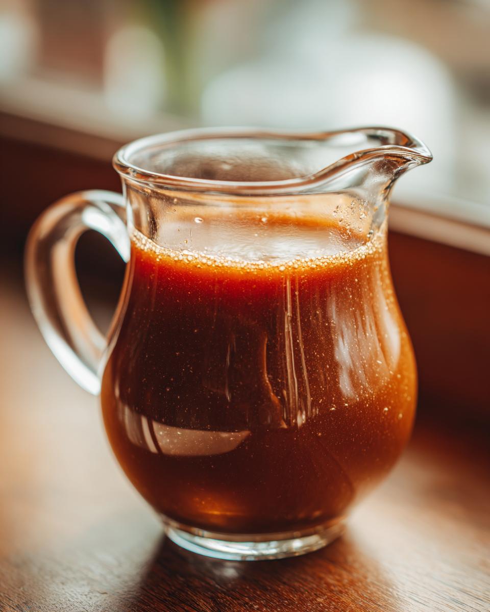 A glass pitcher filled with rich, dark au jus, ready to enhance any meal. Learn 5 secrets to make the perfect au jus recipe.