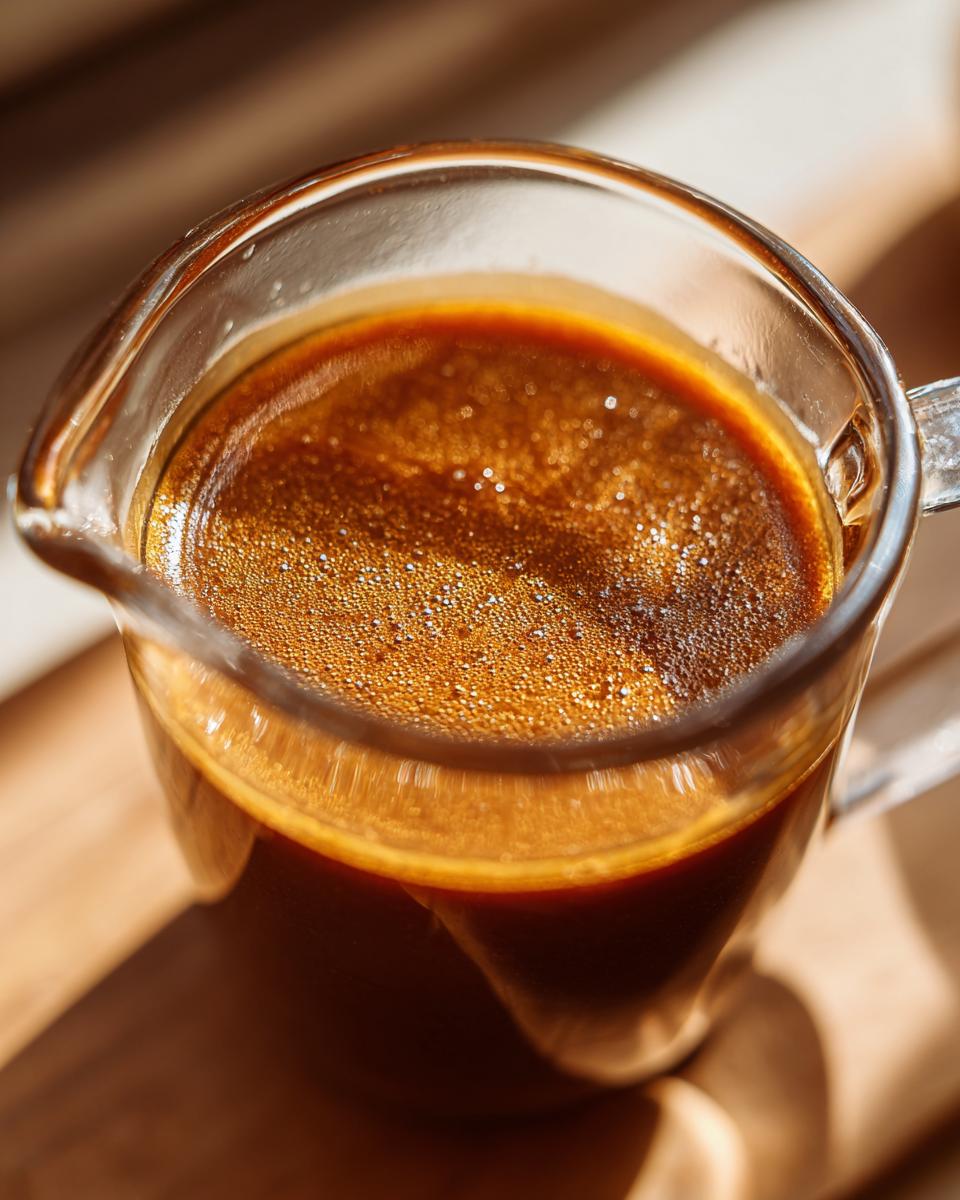 A close-up of a rich, dark brown au jus in a glass pitcher, ready for serving.