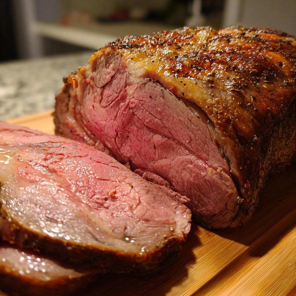 A perfectly cooked prime rib roast, sliced to reveal its juicy, pink interior and golden-brown crust.