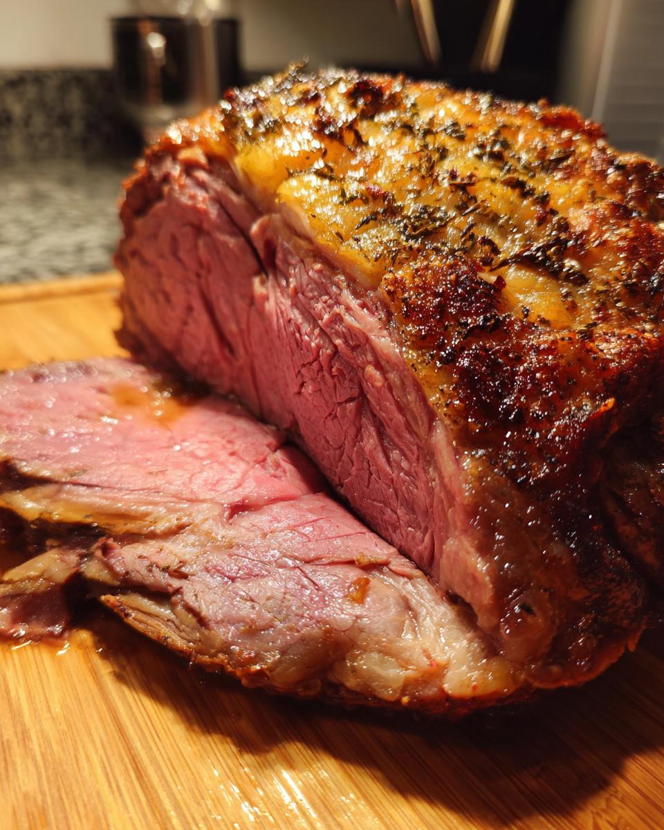 A perfectly cooked, juicy prime rib roast with a golden-brown crust, sliced to reveal its tender pink interior.