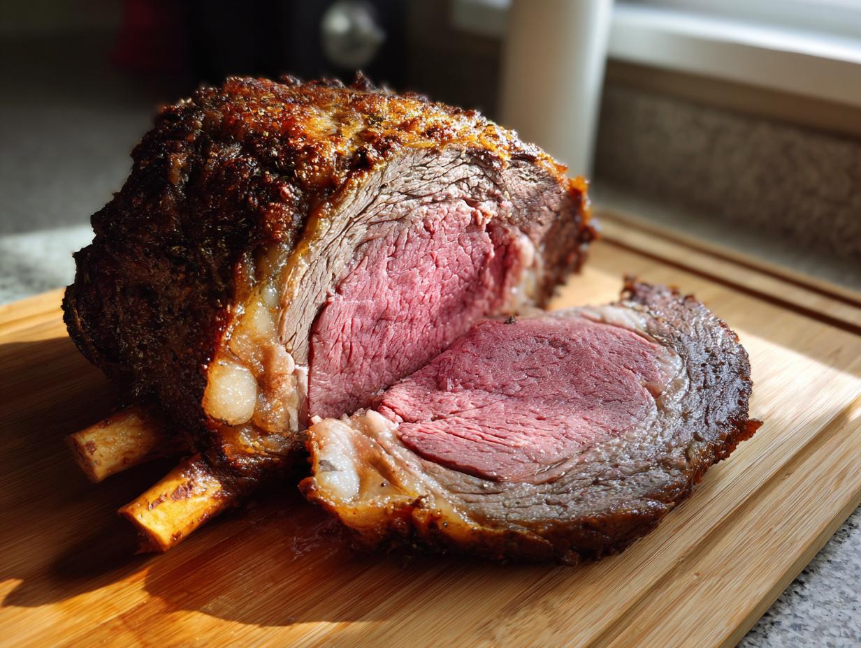 A perfectly cooked prime rib roast, sliced to reveal a juicy, pink interior and a browned, flavorful crust.