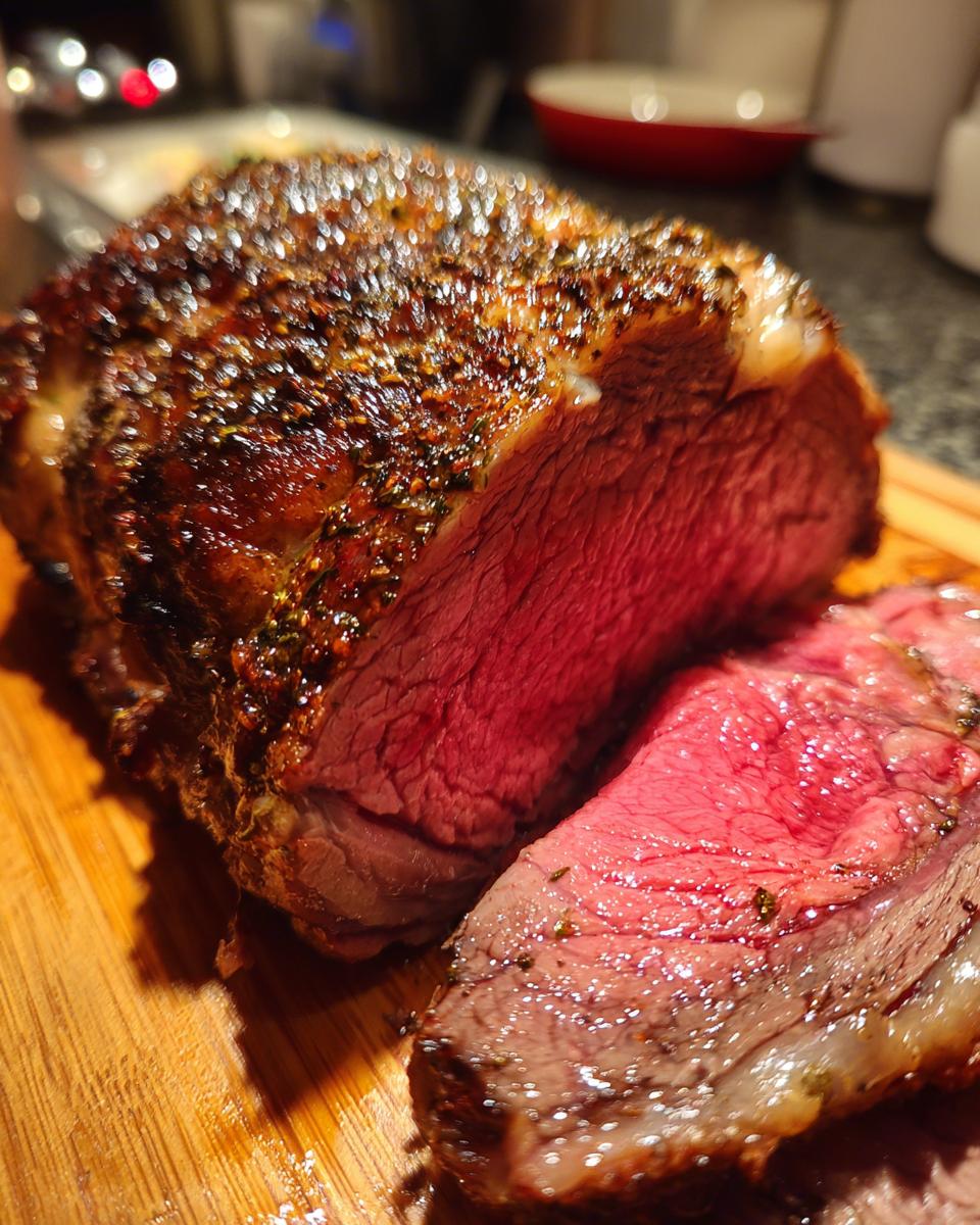 A perfectly roasted prime rib, with a juicy pink interior and a seasoned, browned crust, resting on a wooden cutting board.