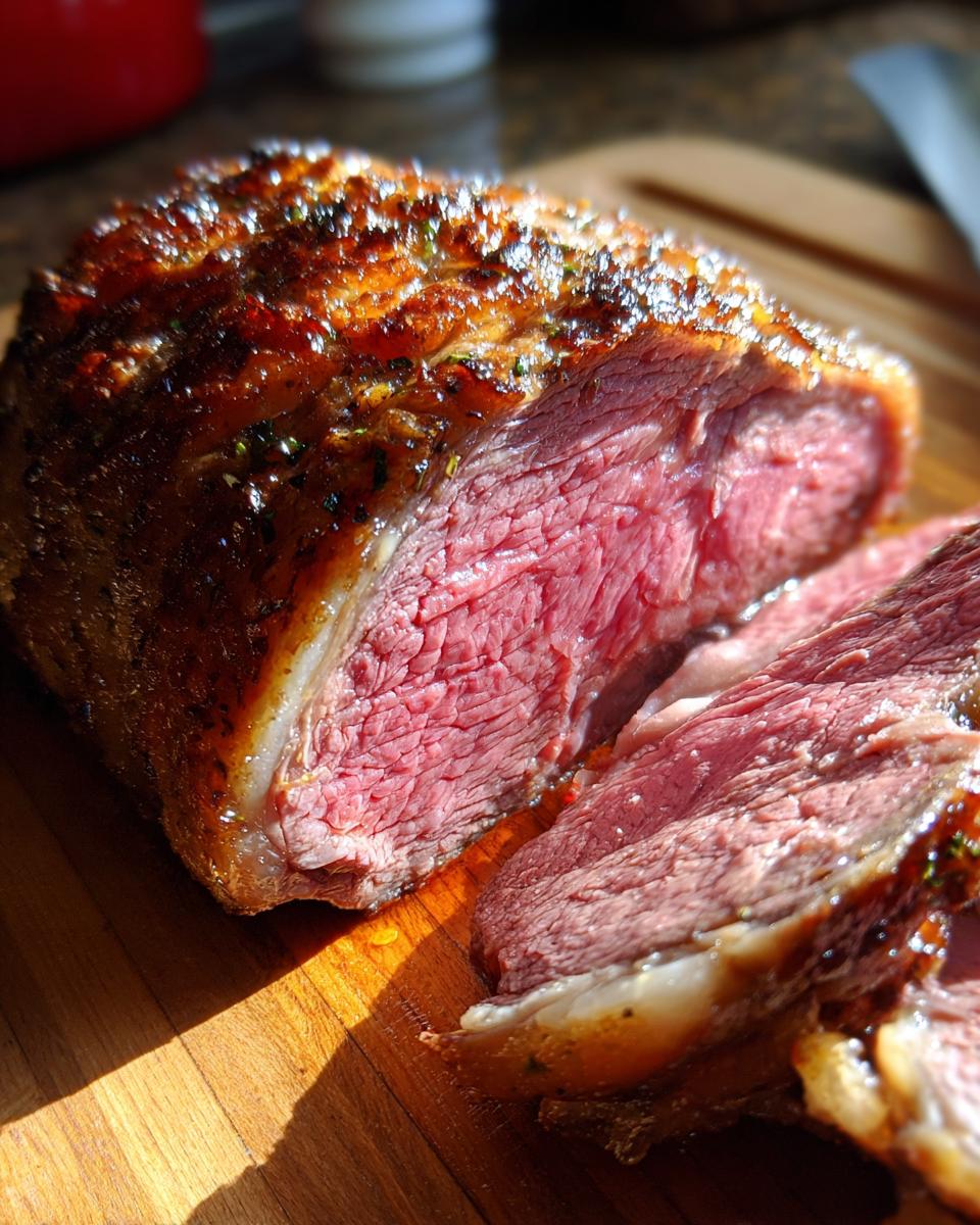 A perfectly cooked prime rib roast, sliced to reveal its juicy, pink interior and golden-brown crust.