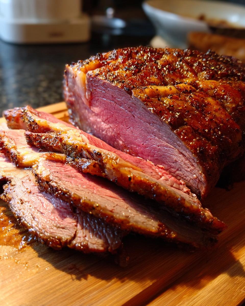 A perfectly cooked prime rib, sliced to reveal a juicy pink interior and a flavorful, seasoned crust.