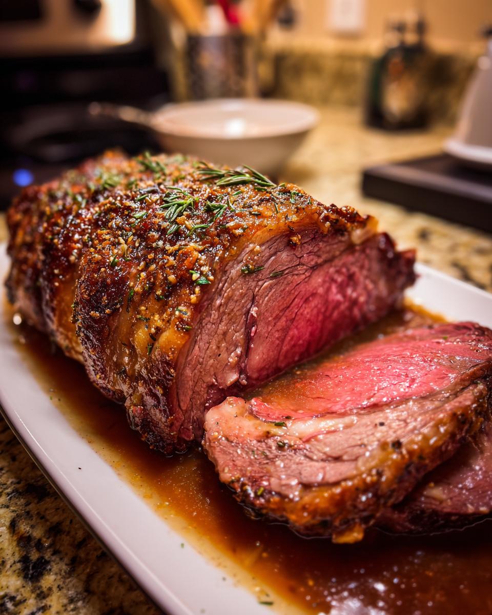A perfectly cooked Prime Rib Au Jus, sliced to reveal a tender pink interior and a flavorful herb crust, resting in its own juices.