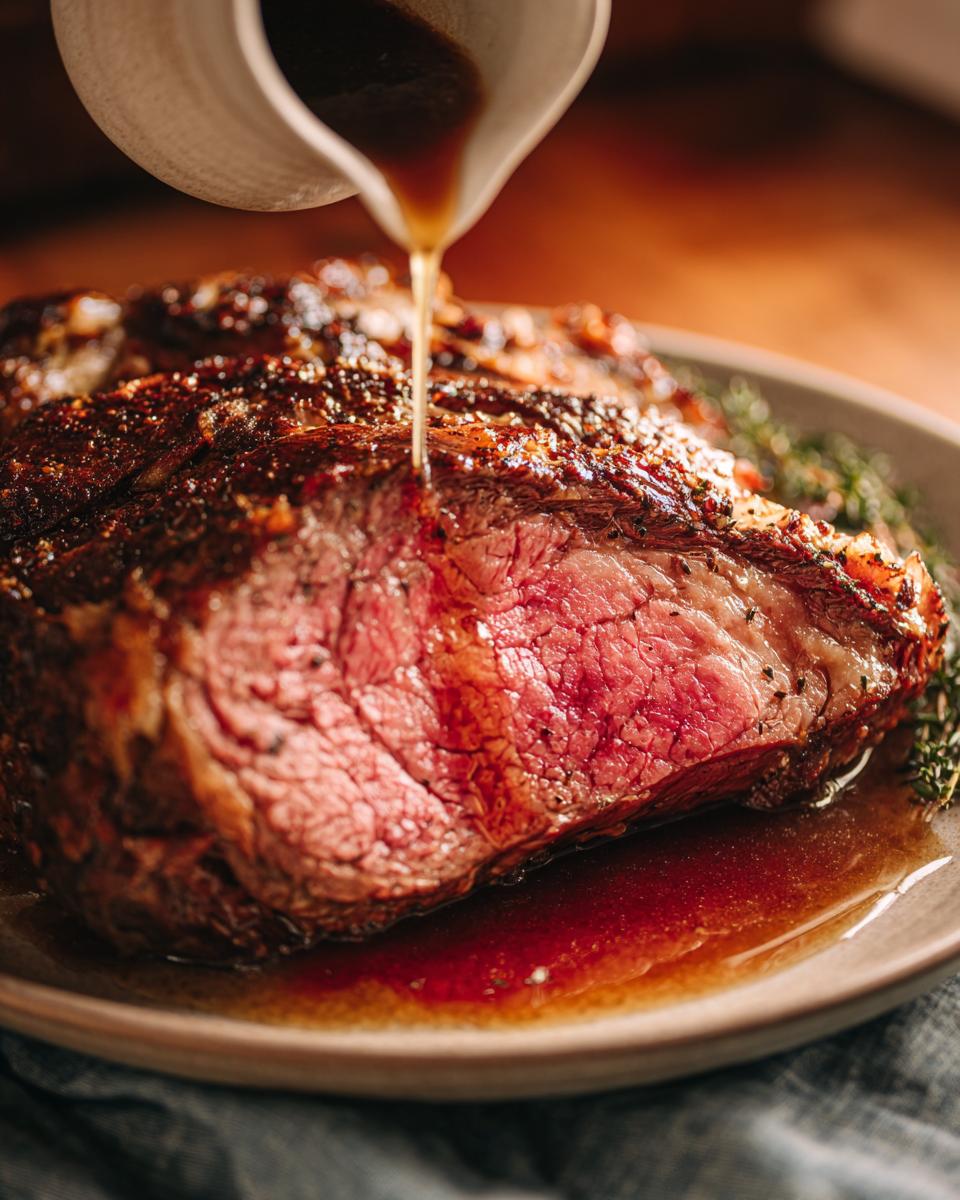 A close-up shot of a juicy prime rib roast with au jus being poured over it from a gravy boat.