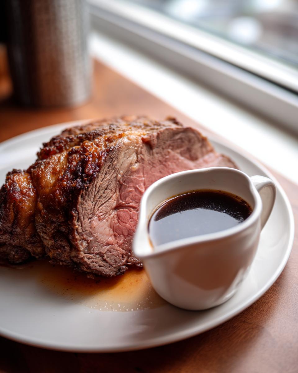 A perfectly cooked slice of prime rib roast beef served with a side of rich au jus.