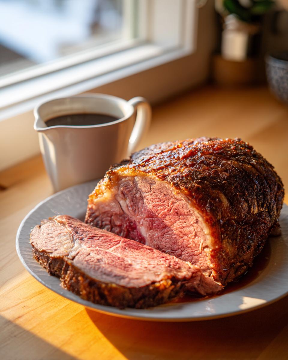 A perfectly cooked Prime Rib roast with a slice cut, served with a side of rich Au Jus.