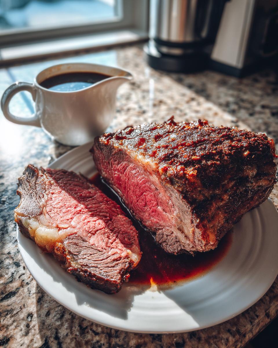 A perfectly cooked prime rib roast with a slice cut, served with au jus. This is a prime rib au jus recipe.