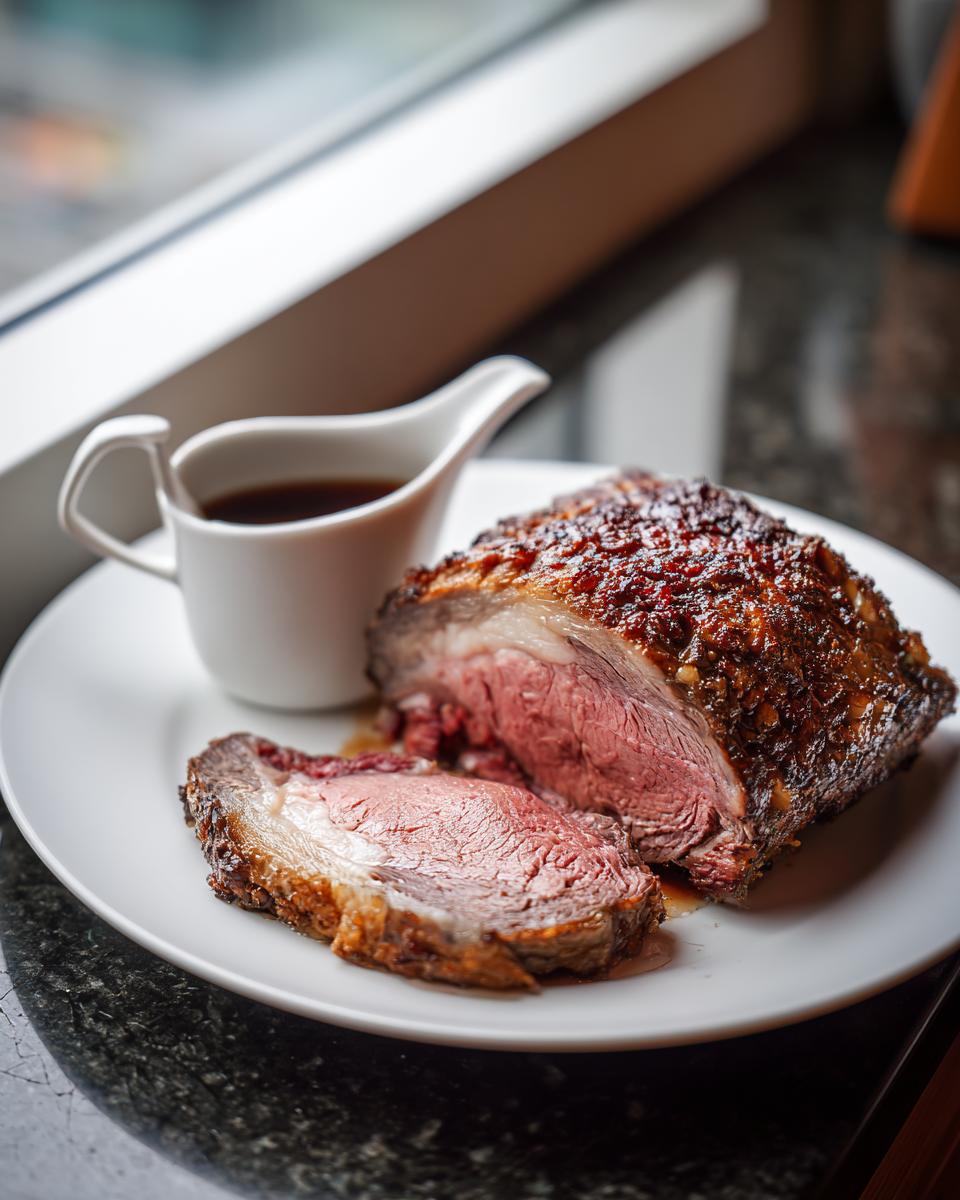 A perfectly cooked slice of Prime Rib with a rich au jus sauce, ready for serving.