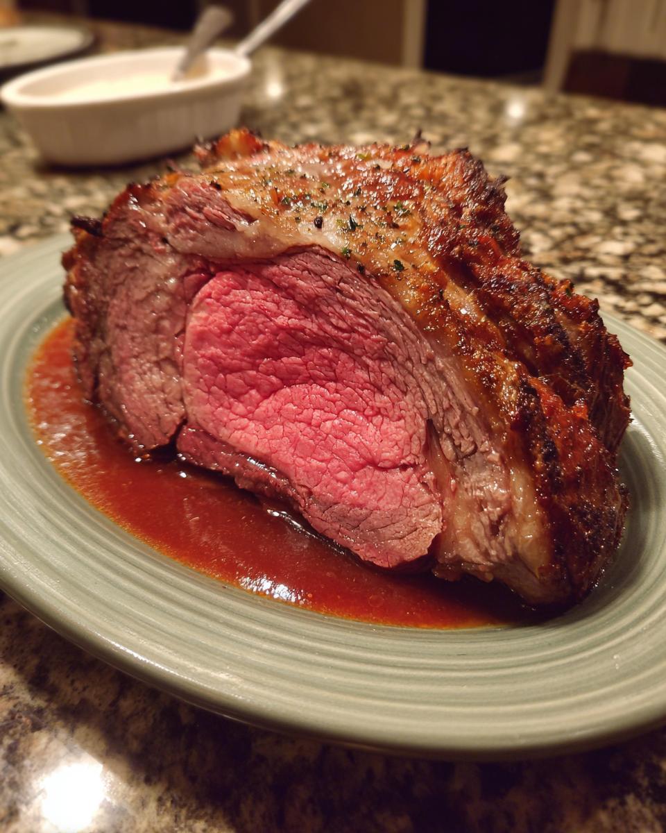 A perfectly cooked slice of Prime Rib Au Jus, showcasing its pink, tender interior and rich, savory sauce.