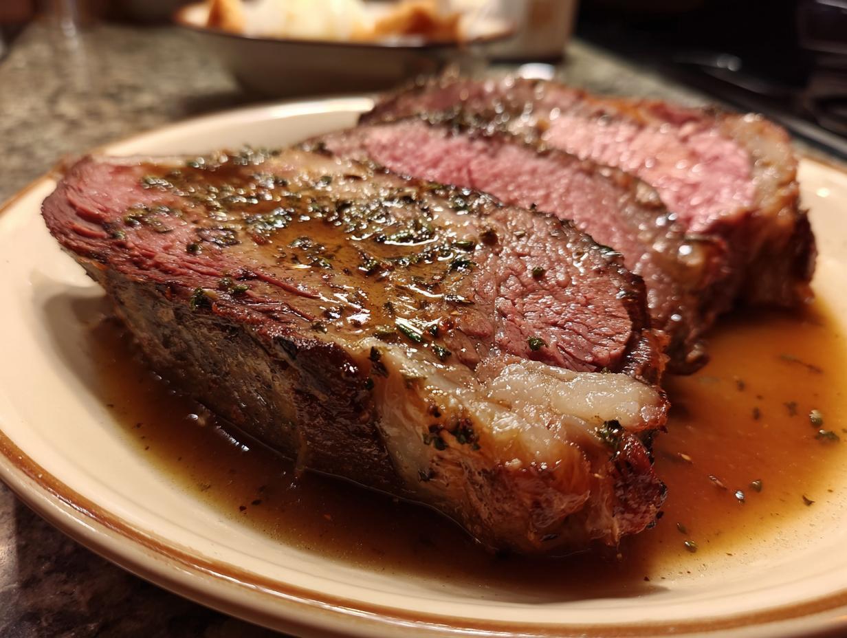 Close-up of perfectly cooked Prime Rib Au Jus slices, glistening with savory juices and herbs.