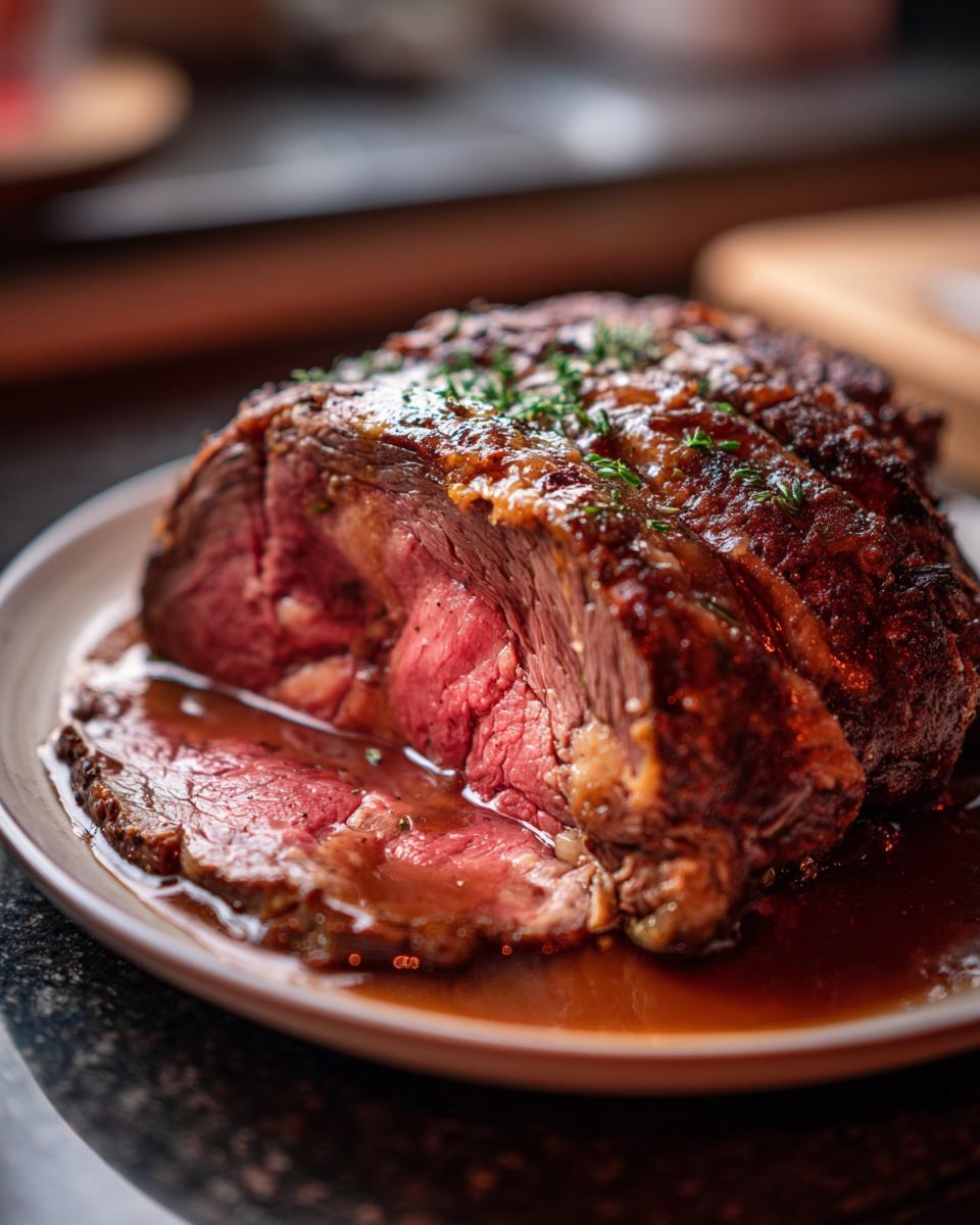 A perfectly cooked Prime Rib Au Jus, sliced and resting in its rich, flavorful juices on a plate.