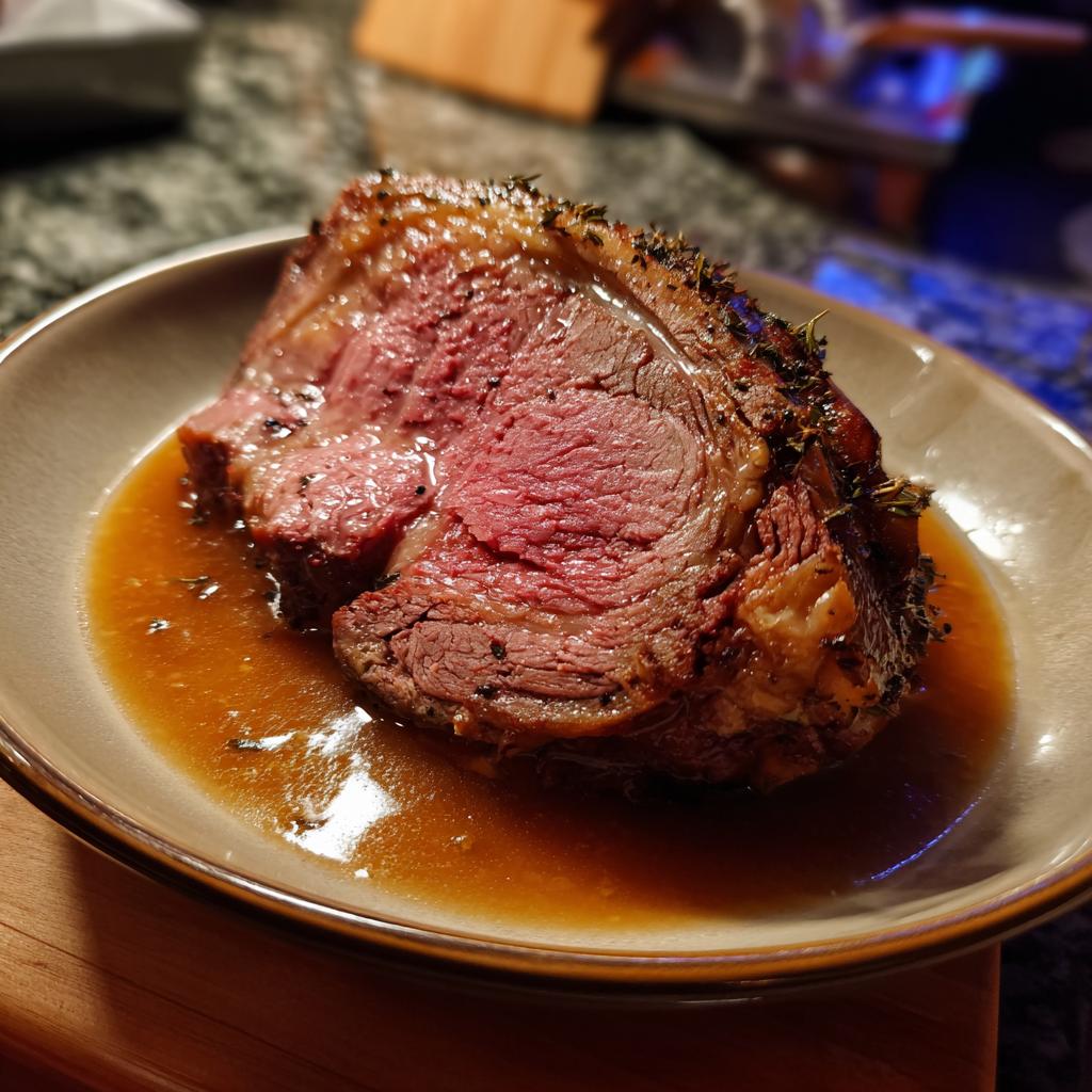 A perfectly cooked slice of Prime Rib Au Jus, with a rich brown crust and tender pink interior, served in a savory au jus.
