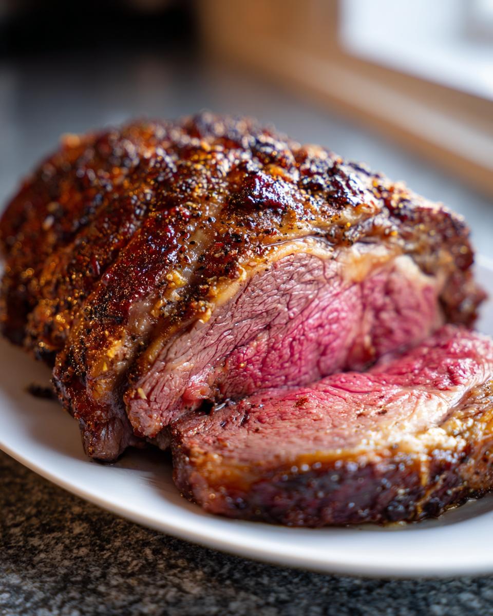 A juicy, medium-rare Prime Rib roast, sliced to reveal its pink interior, seasoned with herbs and spices for Christmas Dinner.