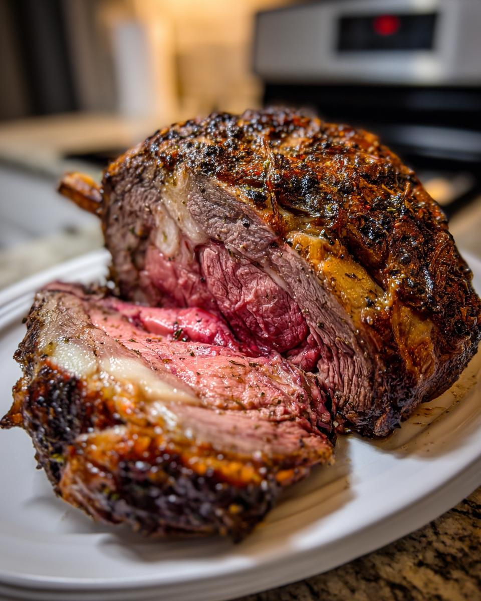 A juicy and tender prime rib roast, sliced to reveal its pink, medium-rare center, perfect for Christmas dinner.