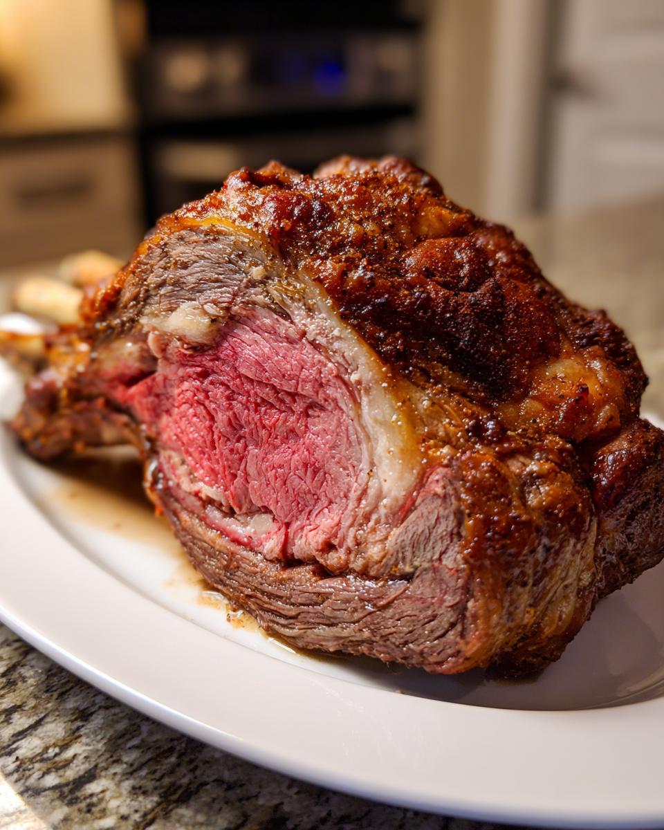 A juicy, medium-rare Prime Rib roast, perfect for Christmas Dinner, resting on a white platter.
