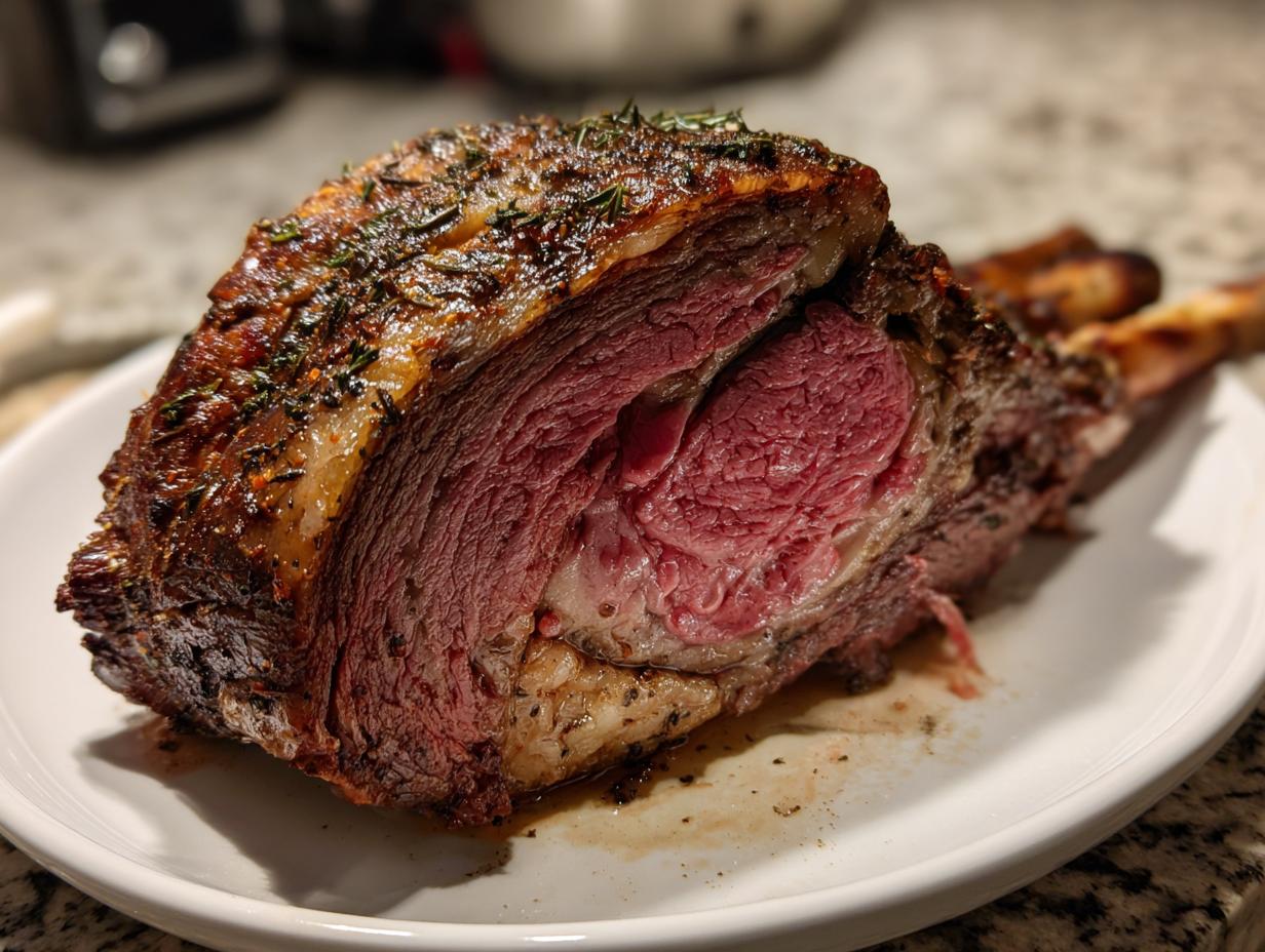 A juicy, medium-rare prime rib roast, seasoned with herbs, ready for Christmas dinner.