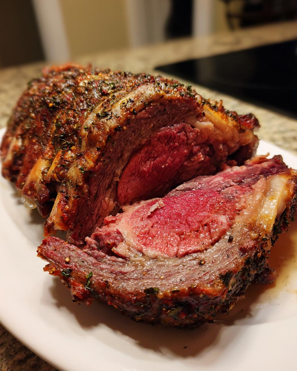 A juicy, perfectly roasted Prime Rib for Christmas Dinner, sliced to reveal a tender, pink interior.