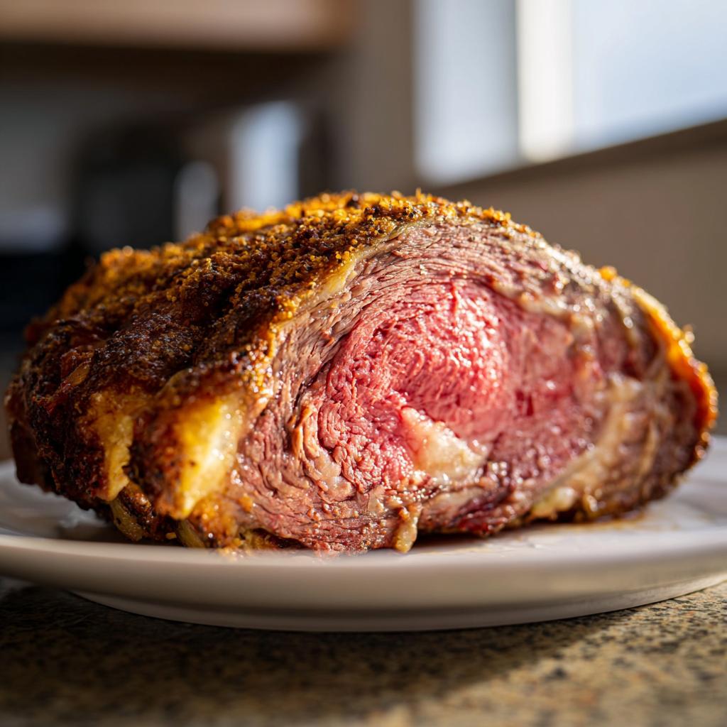 A juicy, perfectly roasted prime rib with a seasoned crust, ready for Christmas dinner.