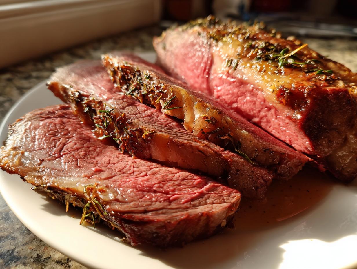 Close-up of perfectly cooked Prime Rib, sliced to reveal a juicy, tender pink interior and a seasoned crust.