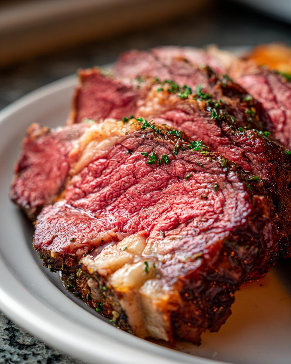 Close-up of perfectly cooked Prime Rib slices, showing a juicy, tender interior and a seasoned crust, garnished with herbs.