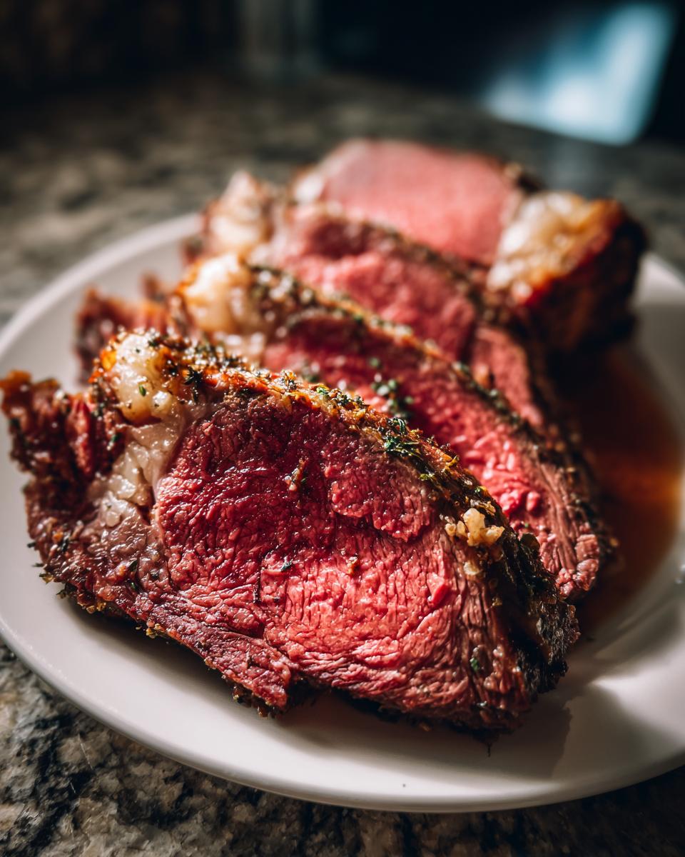 Close-up of perfectly cooked, juicy Prime Rib slices on a white plate, showing tender red meat and a seasoned crust.