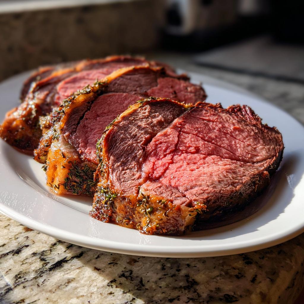 Close-up of perfectly cooked Prime Rib, sliced and presented on a white plate, showcasing its juicy, tender texture.