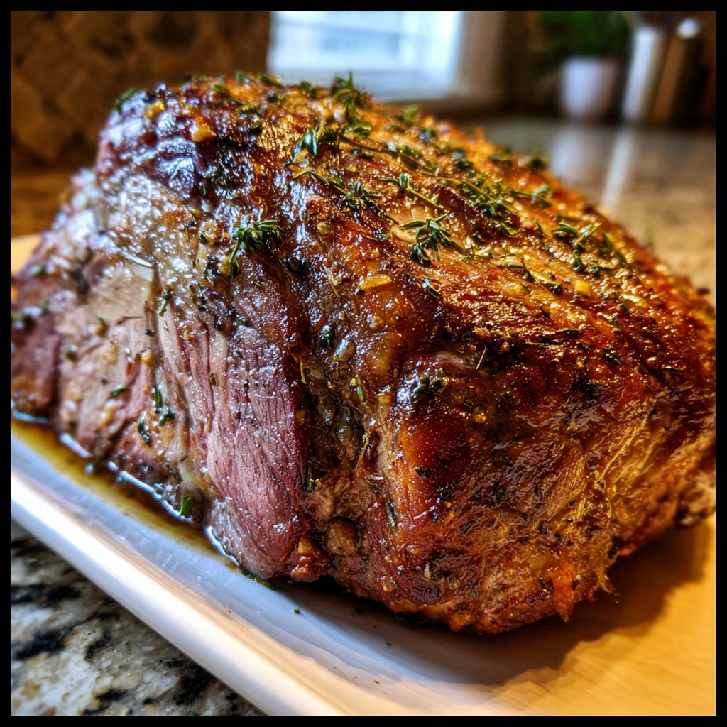 A beautifully roasted prime rib in a roaster oven, glistening with herbs and juices.