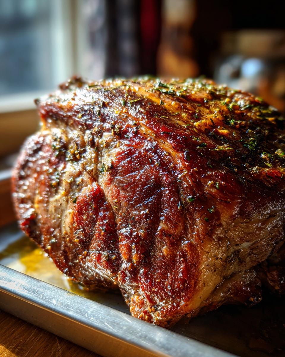 Close-up of a juicy, herb-crusted Prime Rib roast resting in a roaster oven pan.
