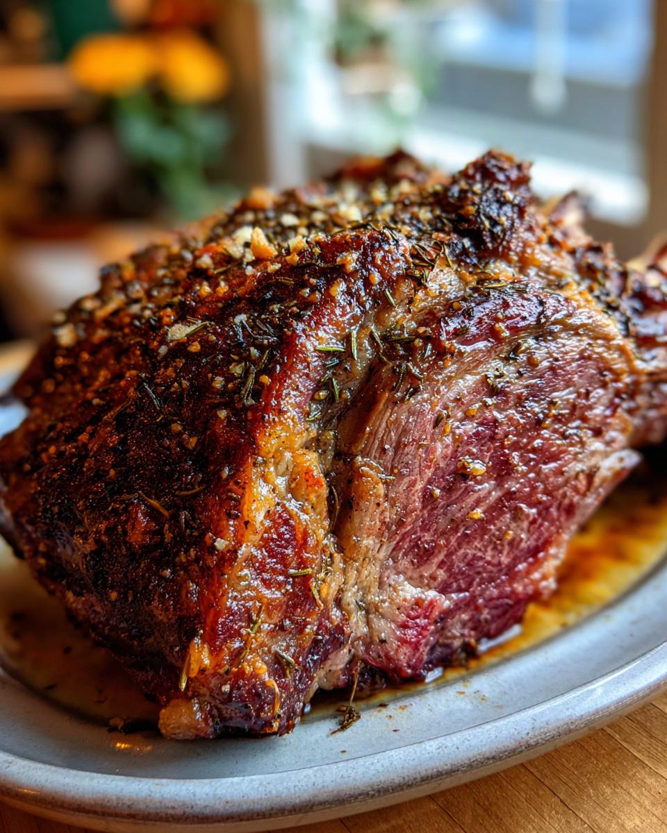 A perfectly roasted Prime Rib in a roaster oven, seasoned with herbs and garlic, showcasing a tender pink interior.