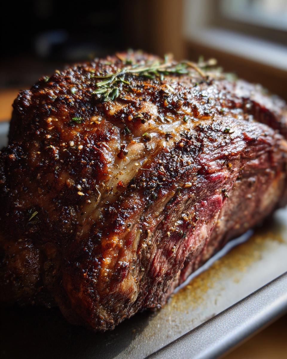 A beautifully roasted prime rib with a seasoned crust and fresh herbs, cooked in a roaster oven.