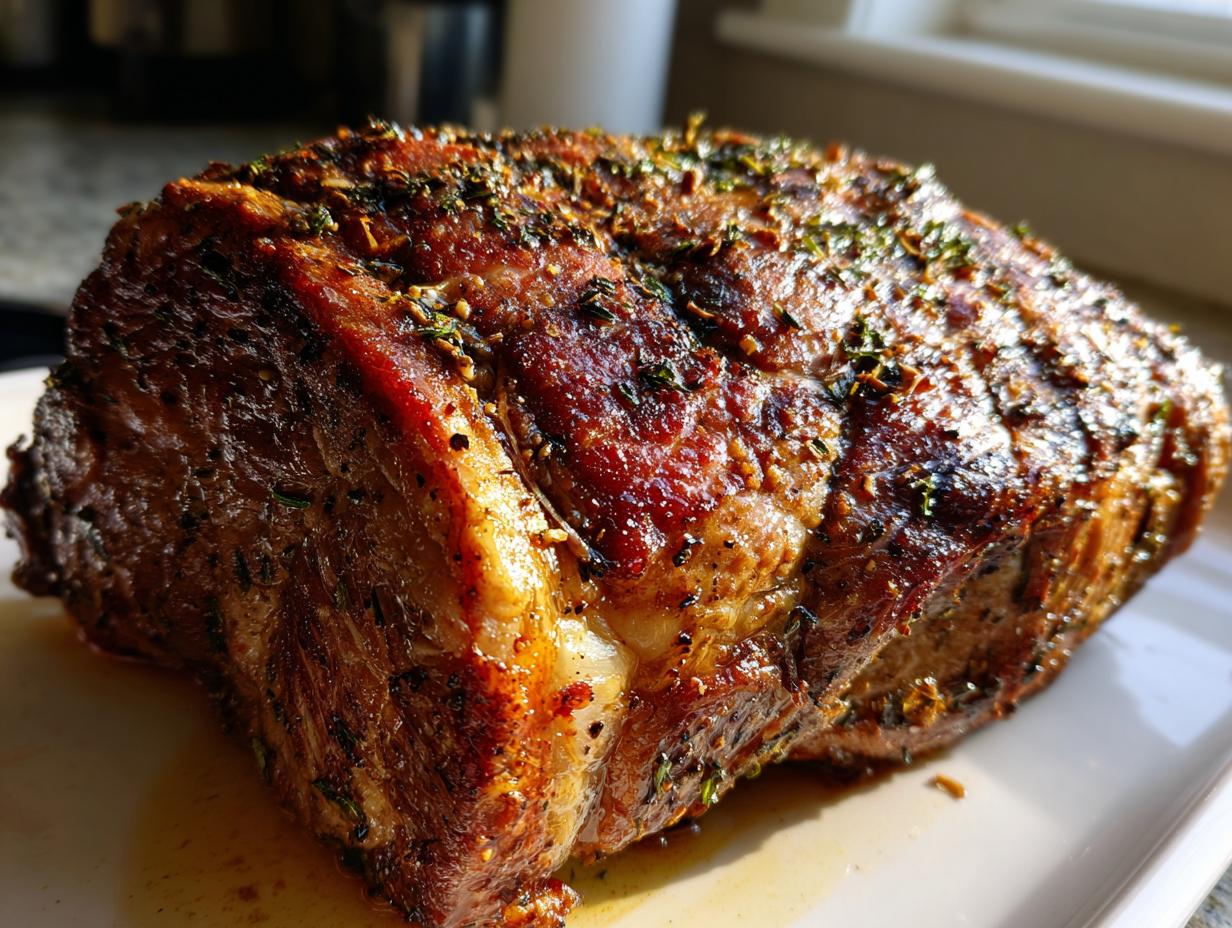 A beautifully roasted Prime Rib in a roaster oven, seasoned with herbs and spices, ready to be served.