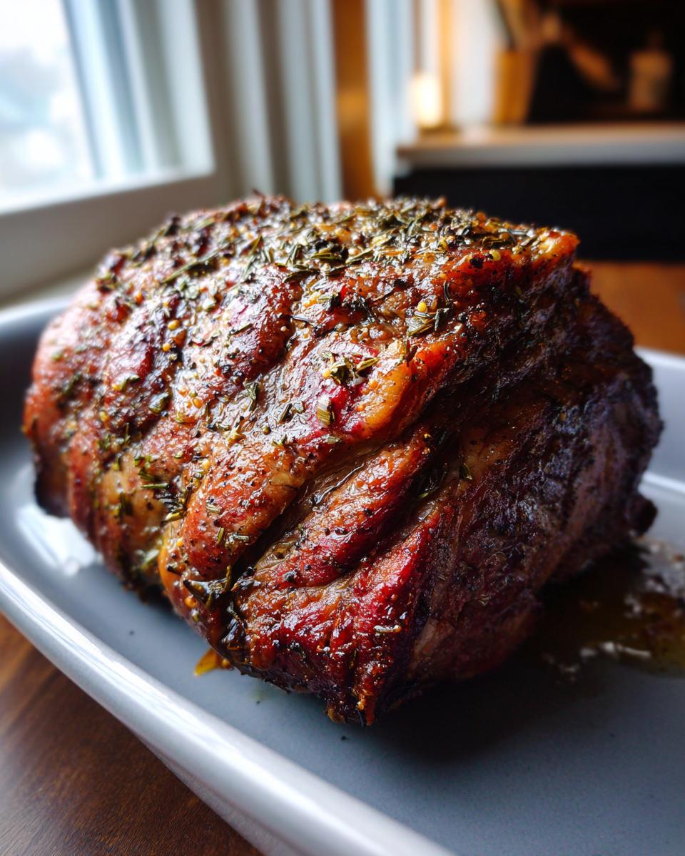 A beautifully roasted prime rib with a seasoned crust, resting in a roaster oven pan.
