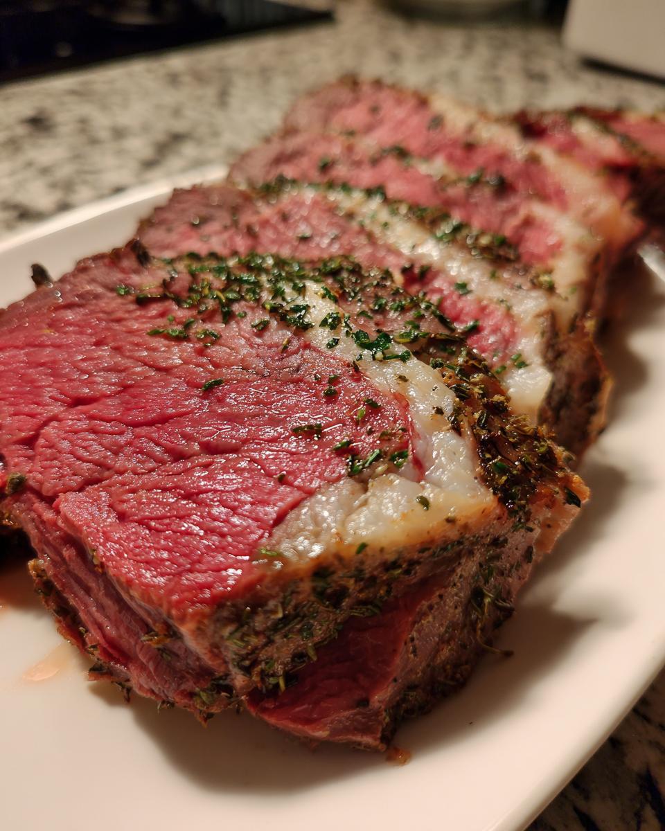 Close-up of perfectly cooked, juicy Prime Rib slices seasoned with herbs.