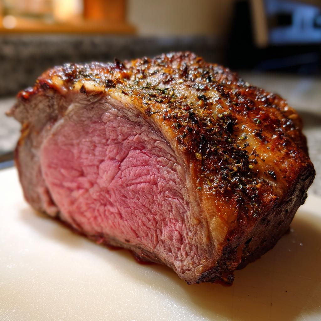 A perfectly cooked medium-rare prime rib roast with a seasoned, browned crust, showcasing its juicy pink interior.