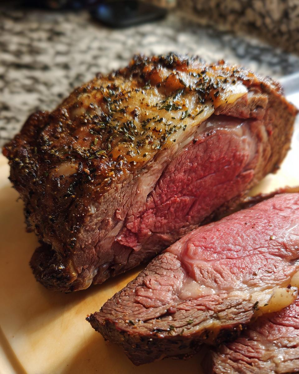 A juicy, medium-rare prime rib roast, sliced to reveal its tender interior, seasoned with herbs.