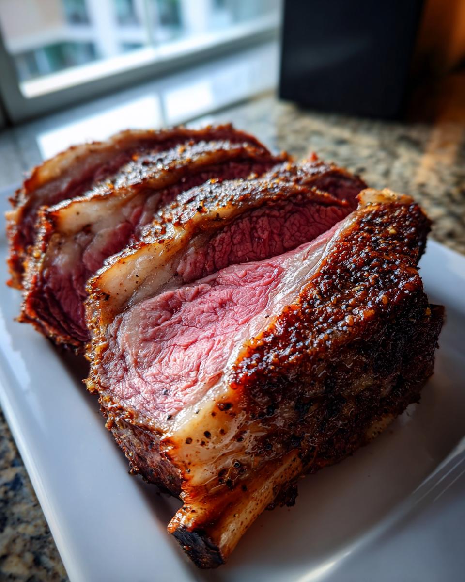 Close-up of sliced medium-rare prime rib roast, showcasing a juicy pink interior and a seasoned crust.