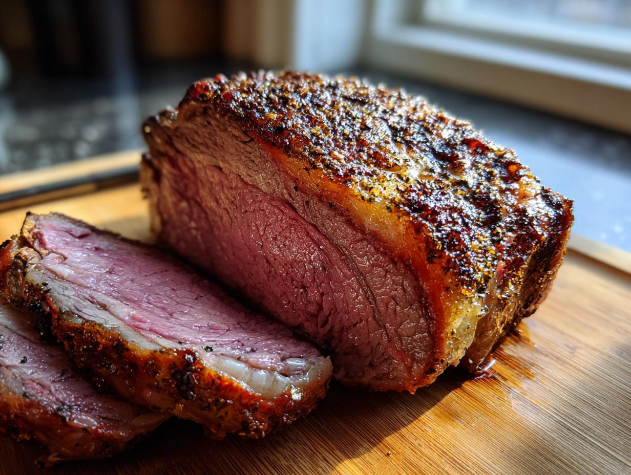 A juicy, medium-rare prime rib roast, sliced to reveal its pink interior, perfect for a Prime Rib Time & Temp Chart.