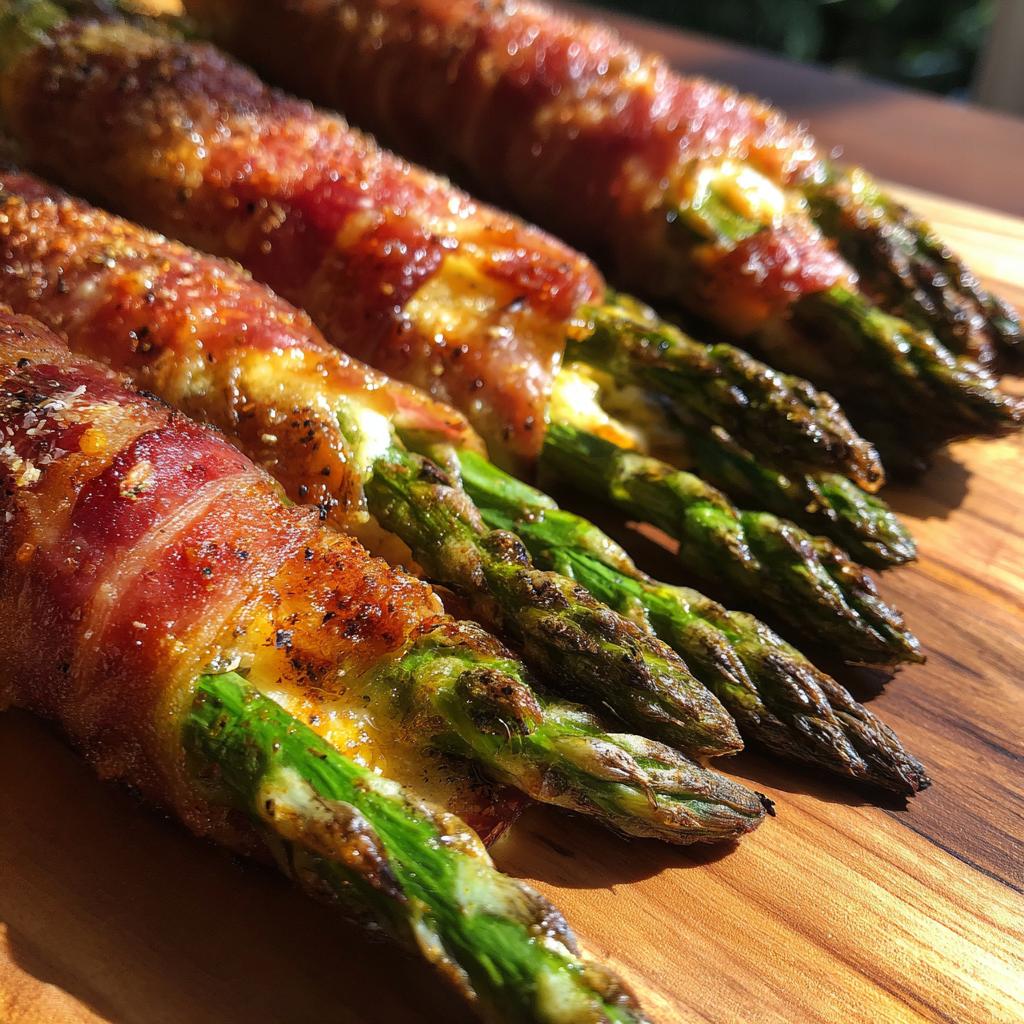 Close-up of delicious Prosciutto-Wrapped Asparagus spears seasoned with pepper on a wooden board.