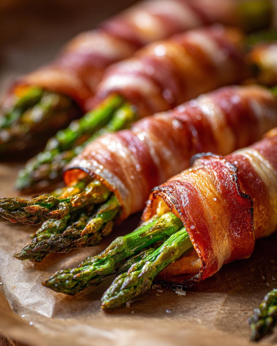 Close-up of delicious Prosciutto-Wrapped Asparagus, with crispy bacon and fresh green asparagus spears.