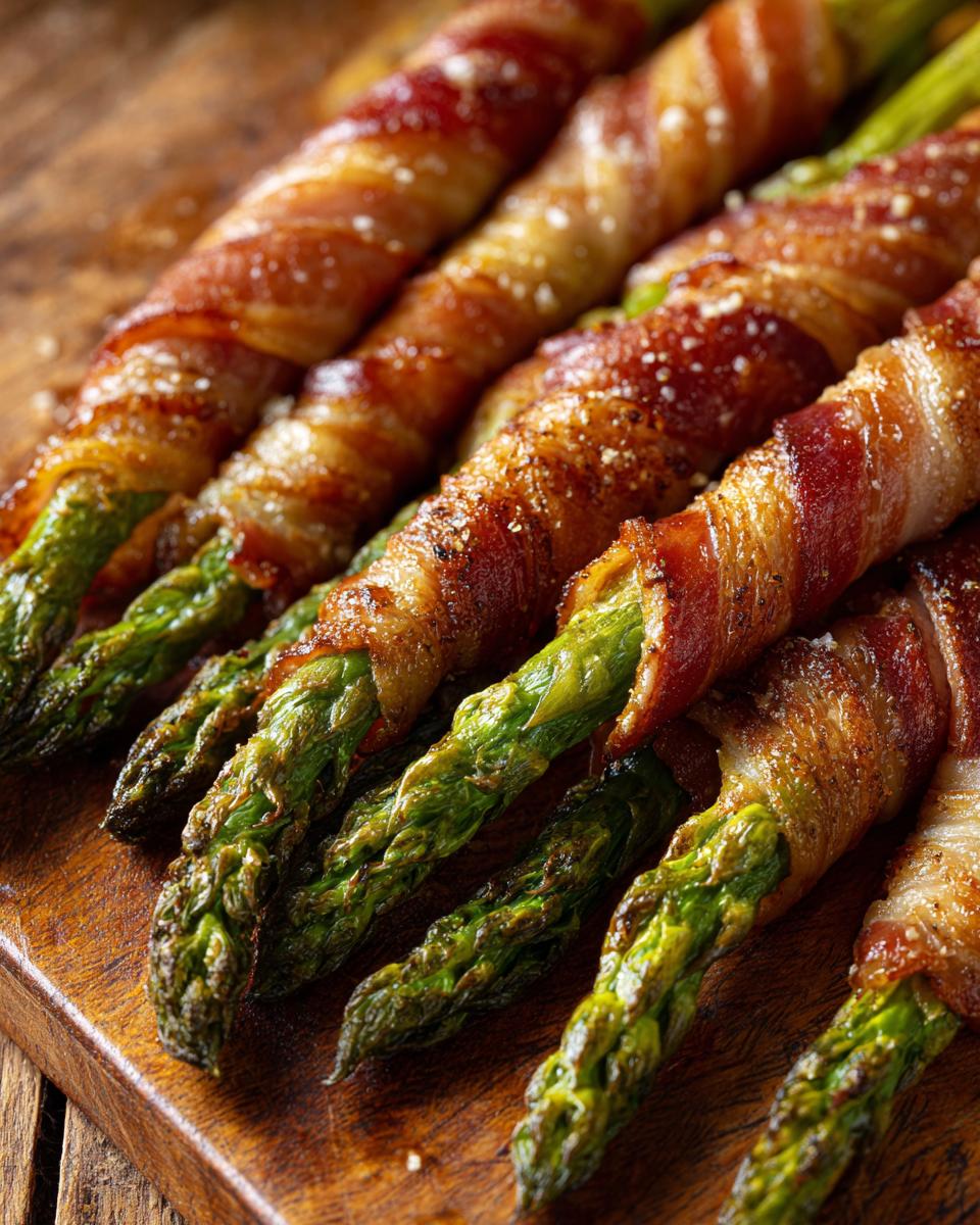 Close-up of fresh asparagus spears wrapped in crispy prosciutto, seasoned and arranged on a rustic wooden board.