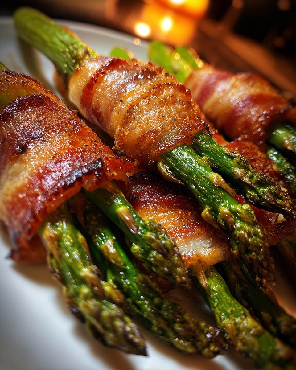 Close-up of perfectly cooked Prosciutto-Wrapped Asparagus, showcasing crispy bacon and vibrant green asparagus spears.