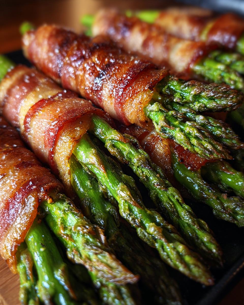 Close-up of perfectly cooked Prosciutto-Wrapped Asparagus, with crispy bacon and vibrant green asparagus spears.