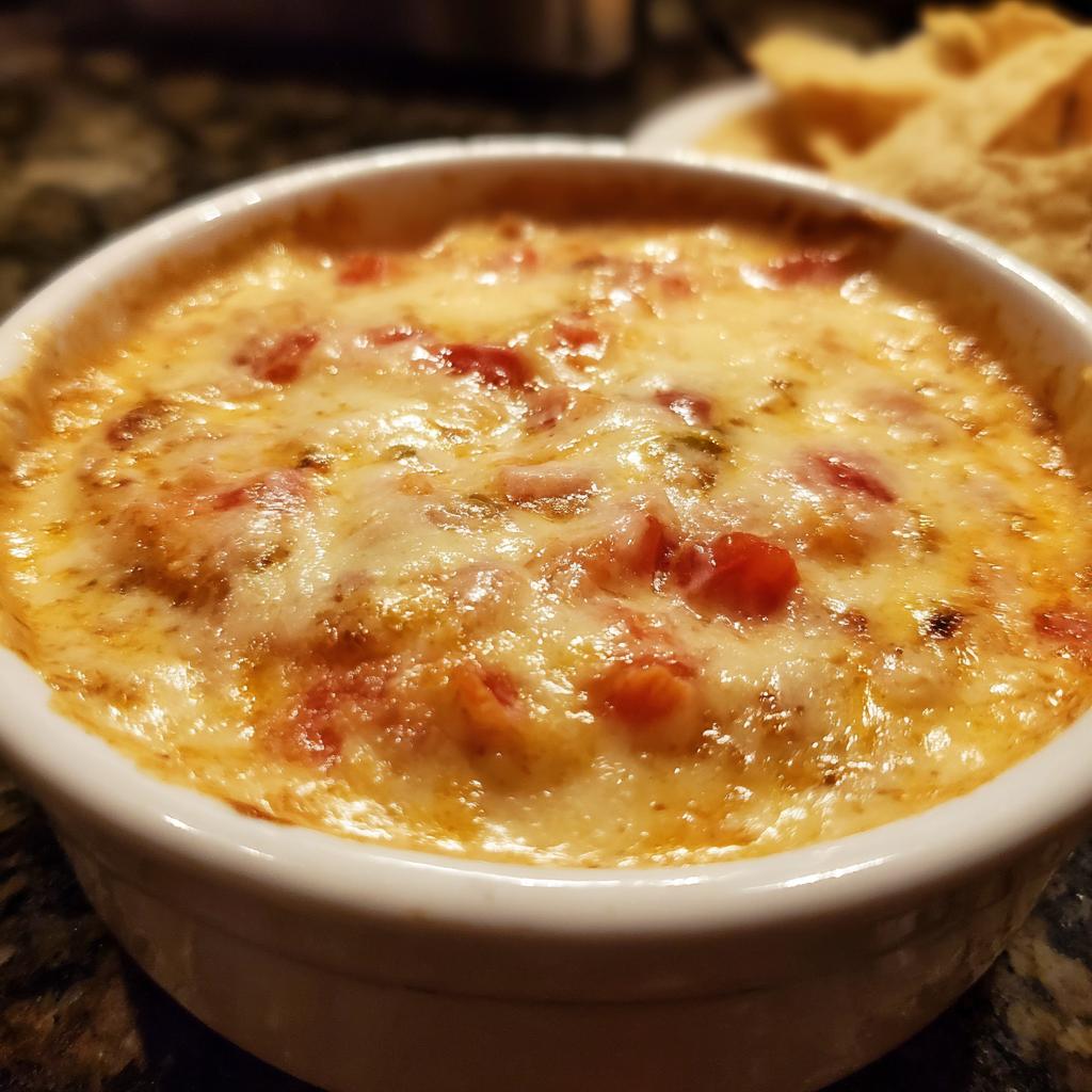 Close-up of a bubbling, cheesy Queso Dip with visible chunks of tomatoes and peppers in a white ramekin.