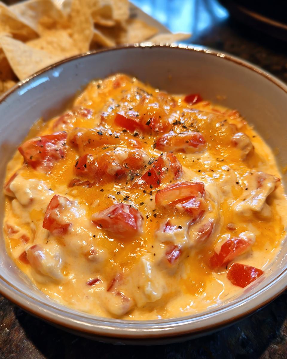 A close-up of creamy Queso Dip with chunks of tomatoes and melted cheese, served in a bowl with tortilla chips in the background.
