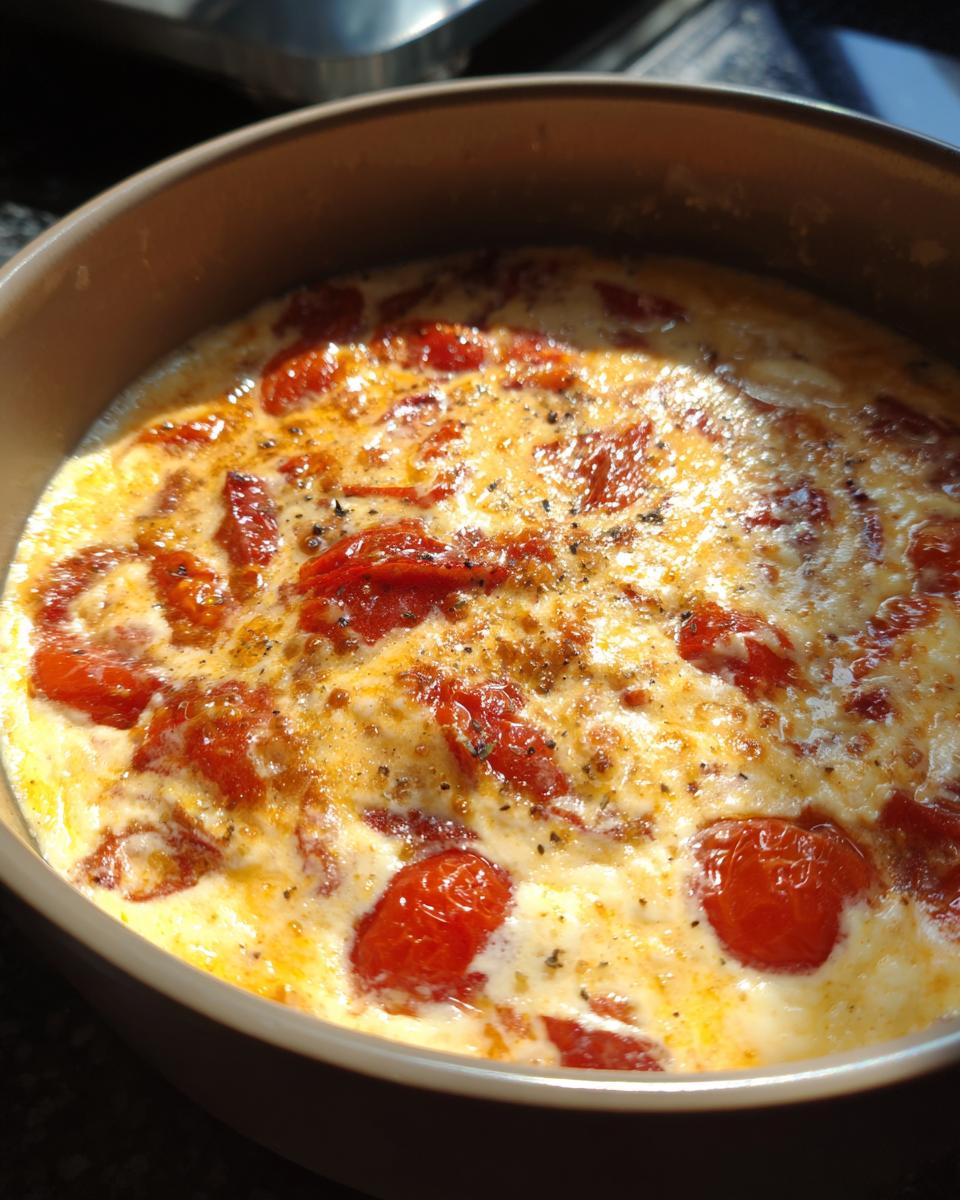 Close-up of bubbly Queso Dip with whole cherry tomatoes and black pepper in a serving dish.