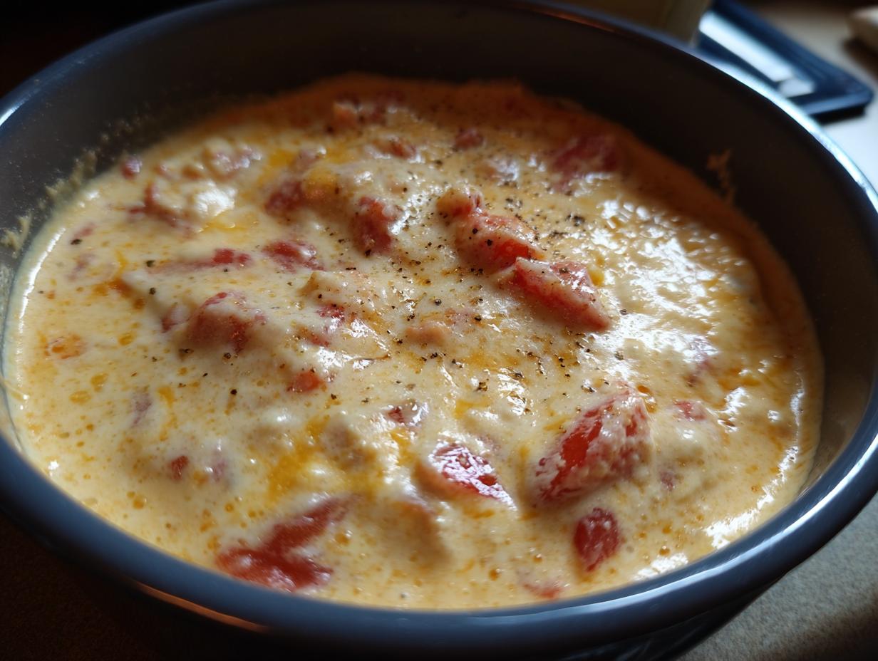 Close-up of a bowl of warm Queso Dip with chunks of tomatoes and a sprinkle of black pepper.