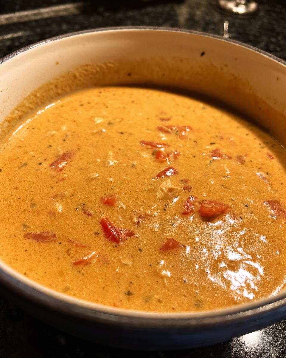 A close-up of a pot filled with creamy, orange Queso Dip, studded with visible chunks of tomatoes and spices.