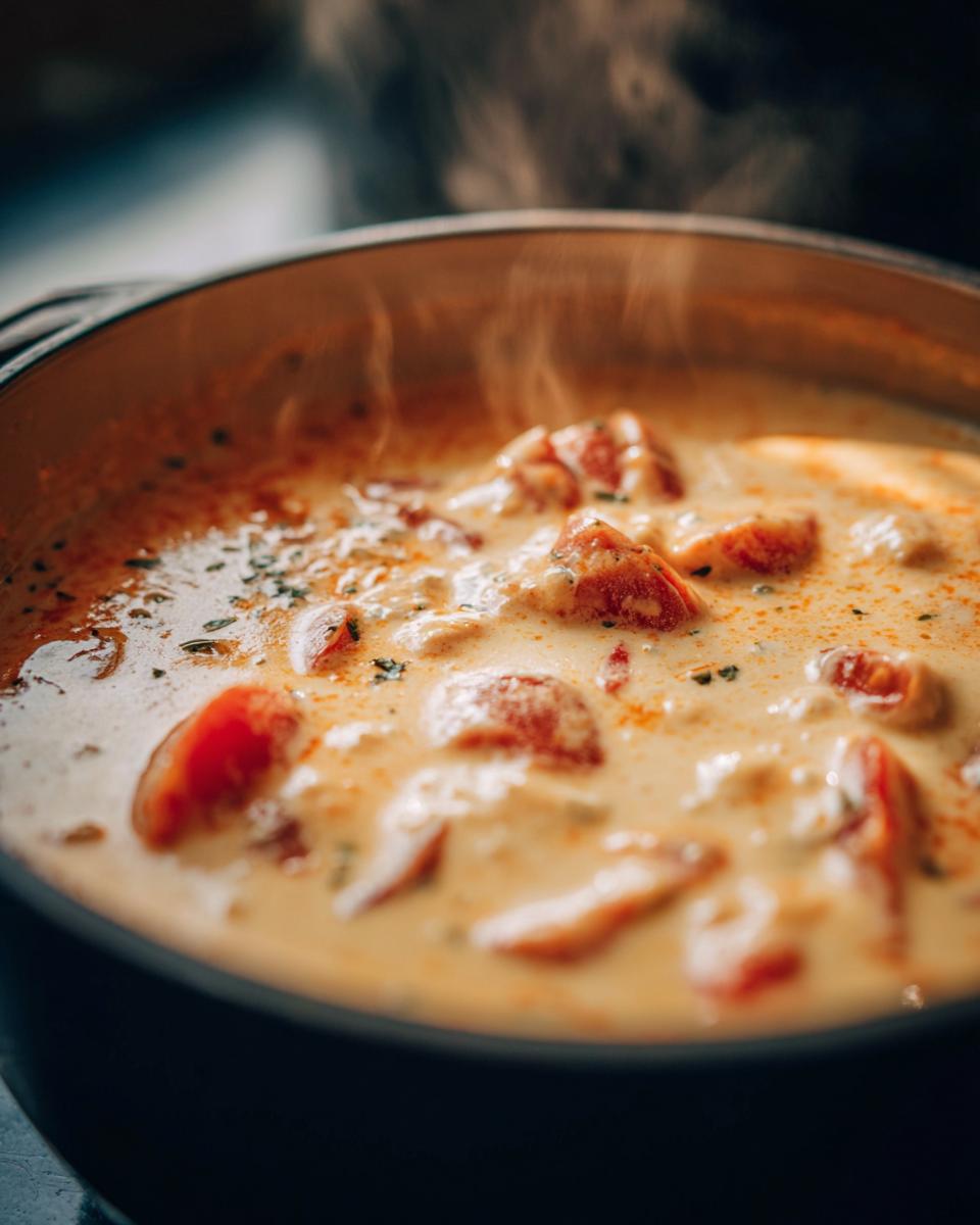 Close-up of a steaming pot of Queso Dip with chunks of tomatoes and herbs.